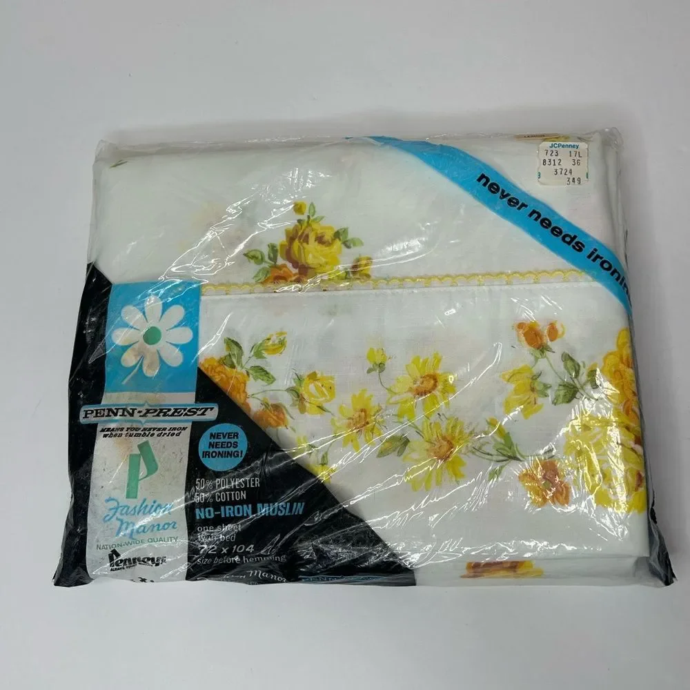 New deadstock vintage 70s 1970s JCPenney Yellow flower Floral flat Sheet